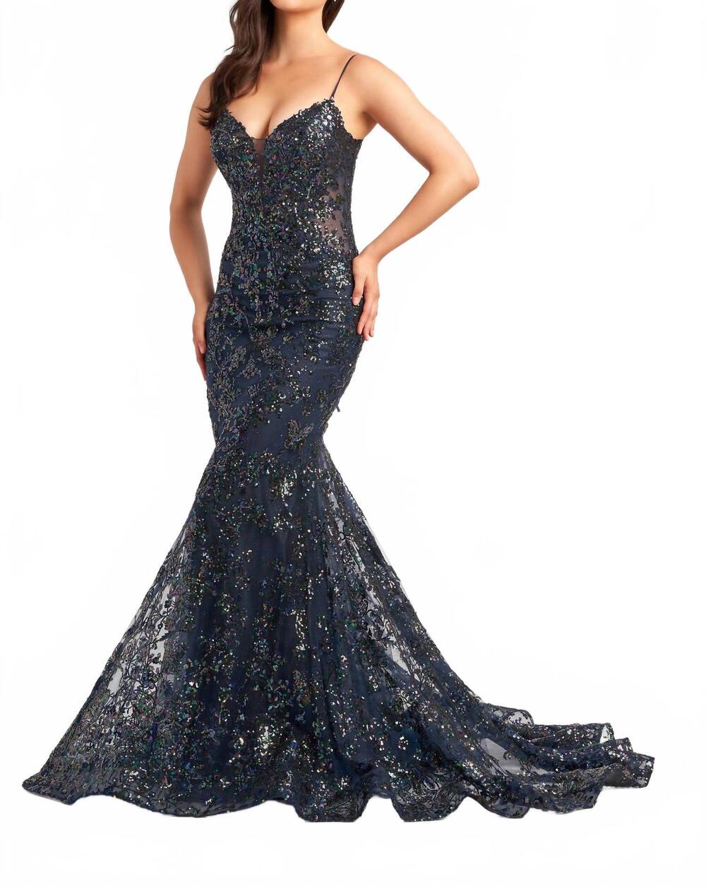 NEW ELLIE WILDE sequin trumpet evening dress in midnight